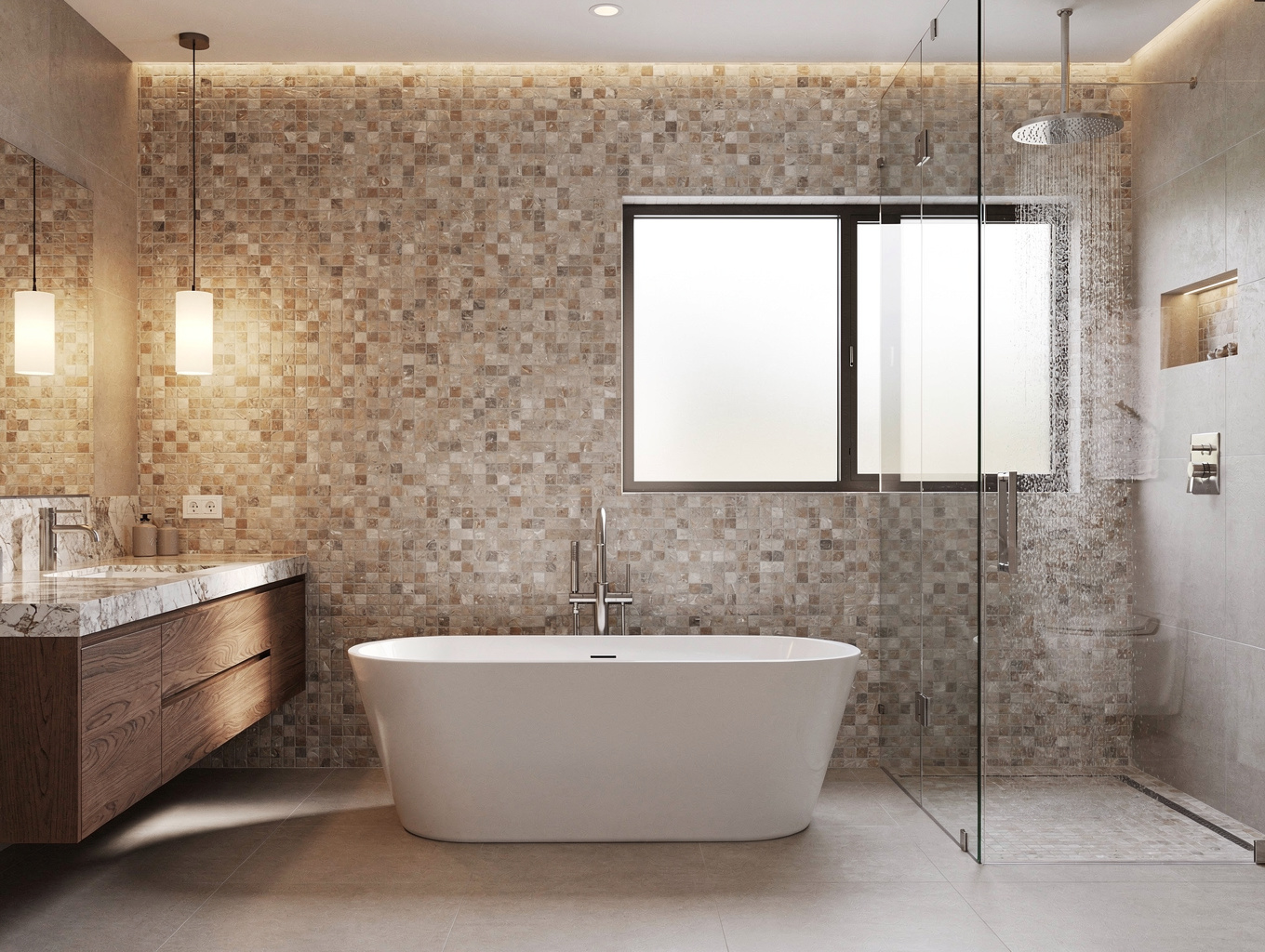 Bathroom with freestanding tub and curbless shower, example design inspiration