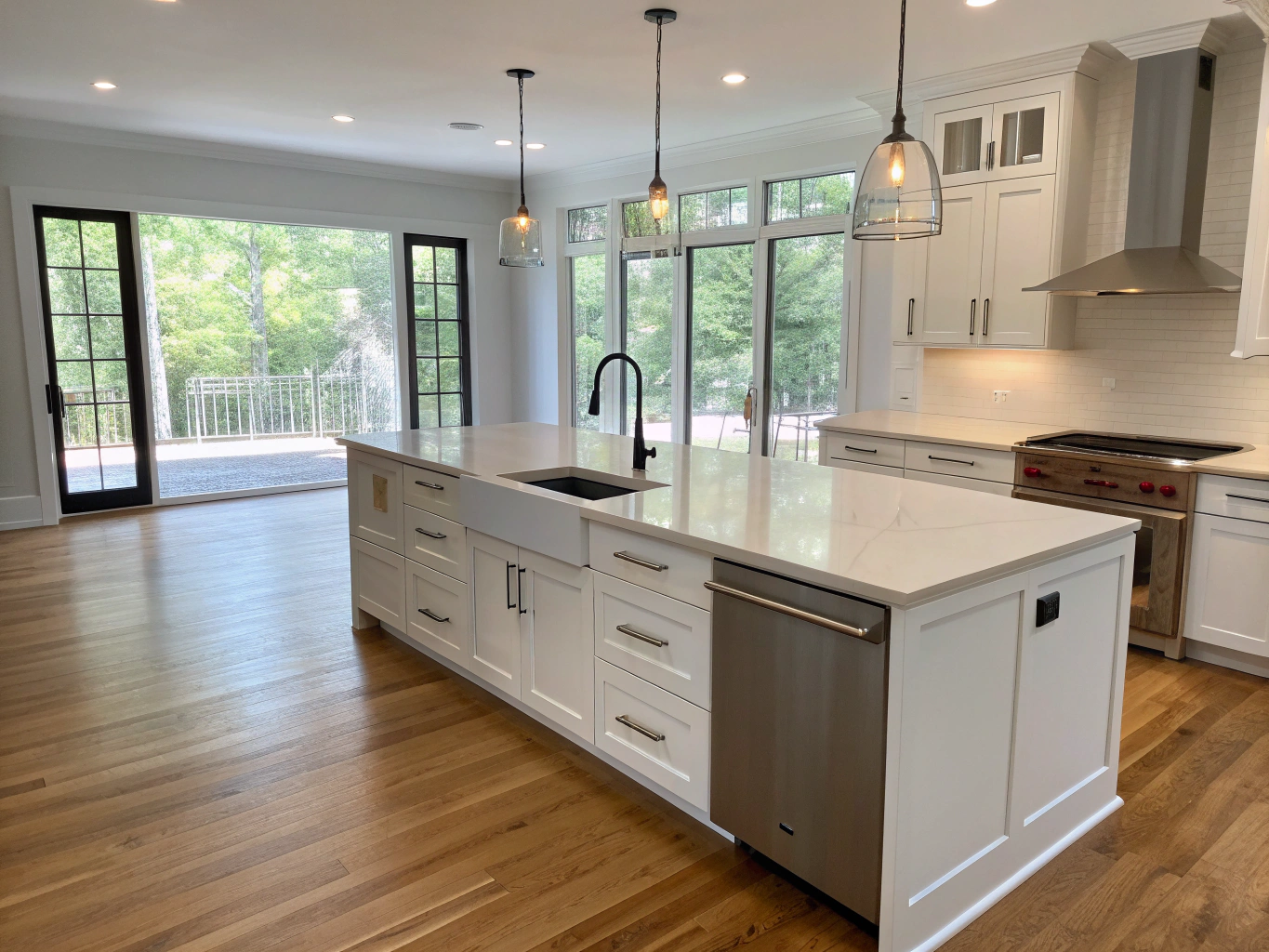 Kitchen with waterfall quartz island, example design inspiration