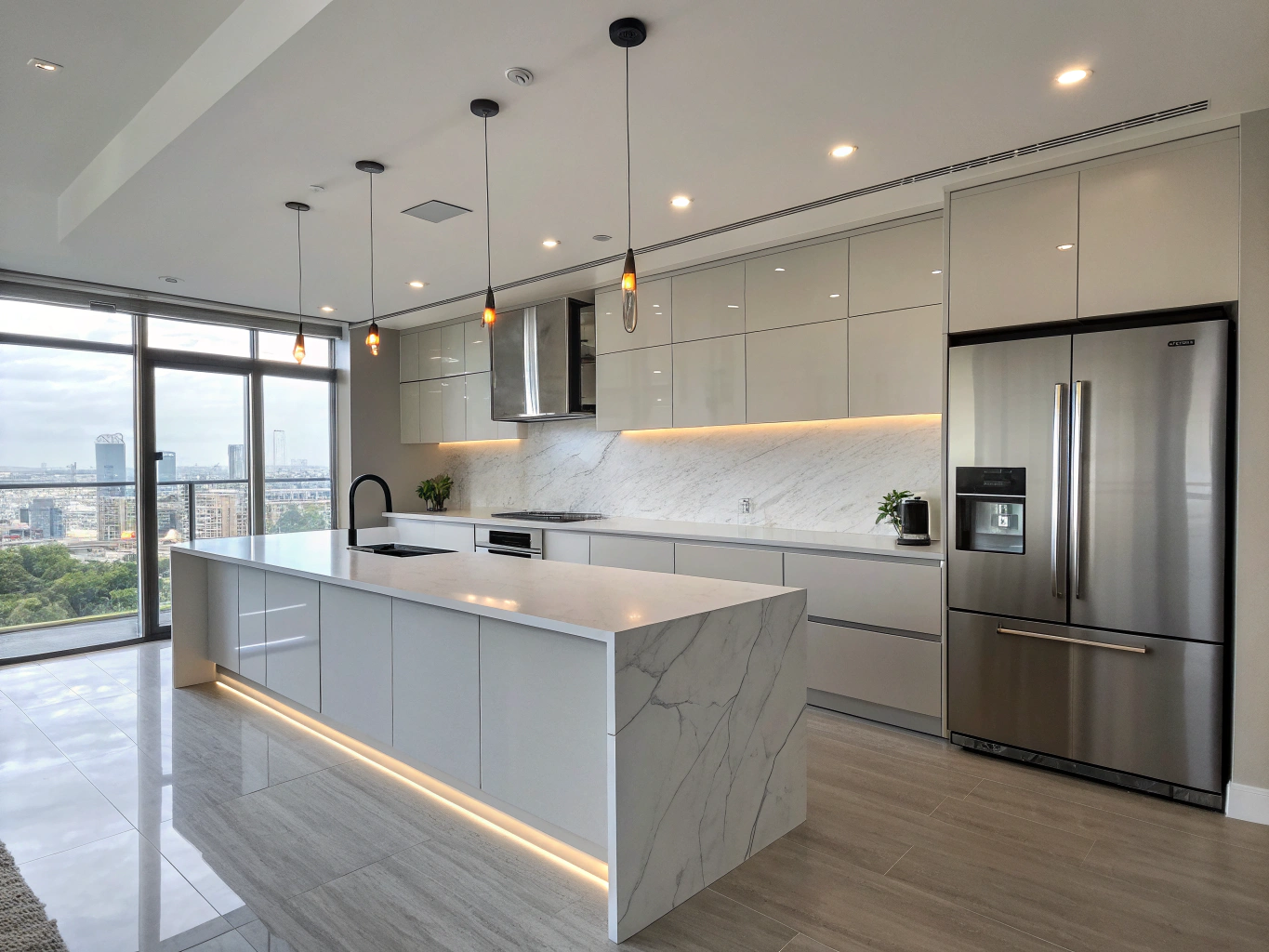 Remodeled kitchen with waterfall island, example design inspiration